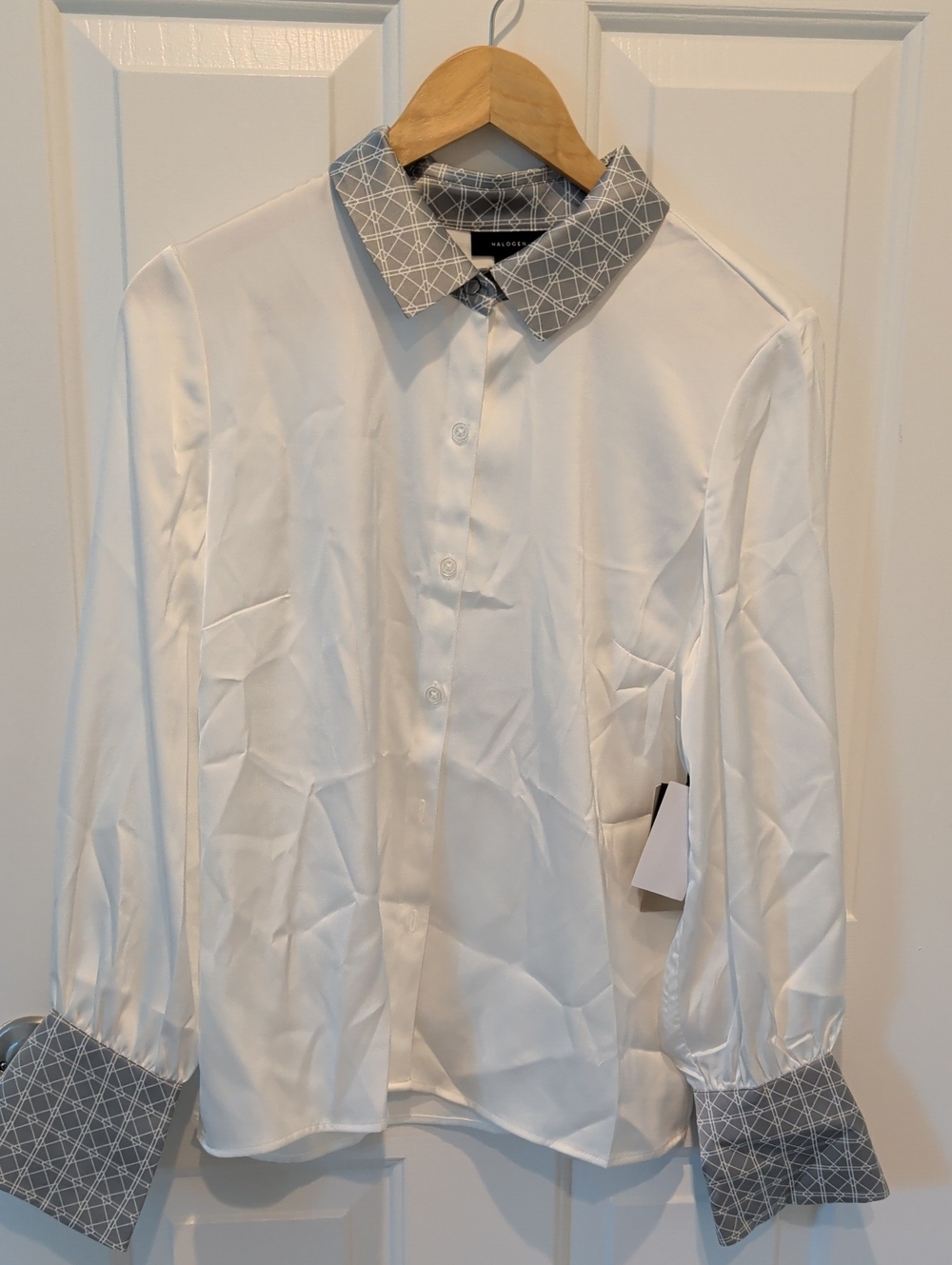Halogen White Button-Down Shirt with Gray Patterned Collar & Cuffs